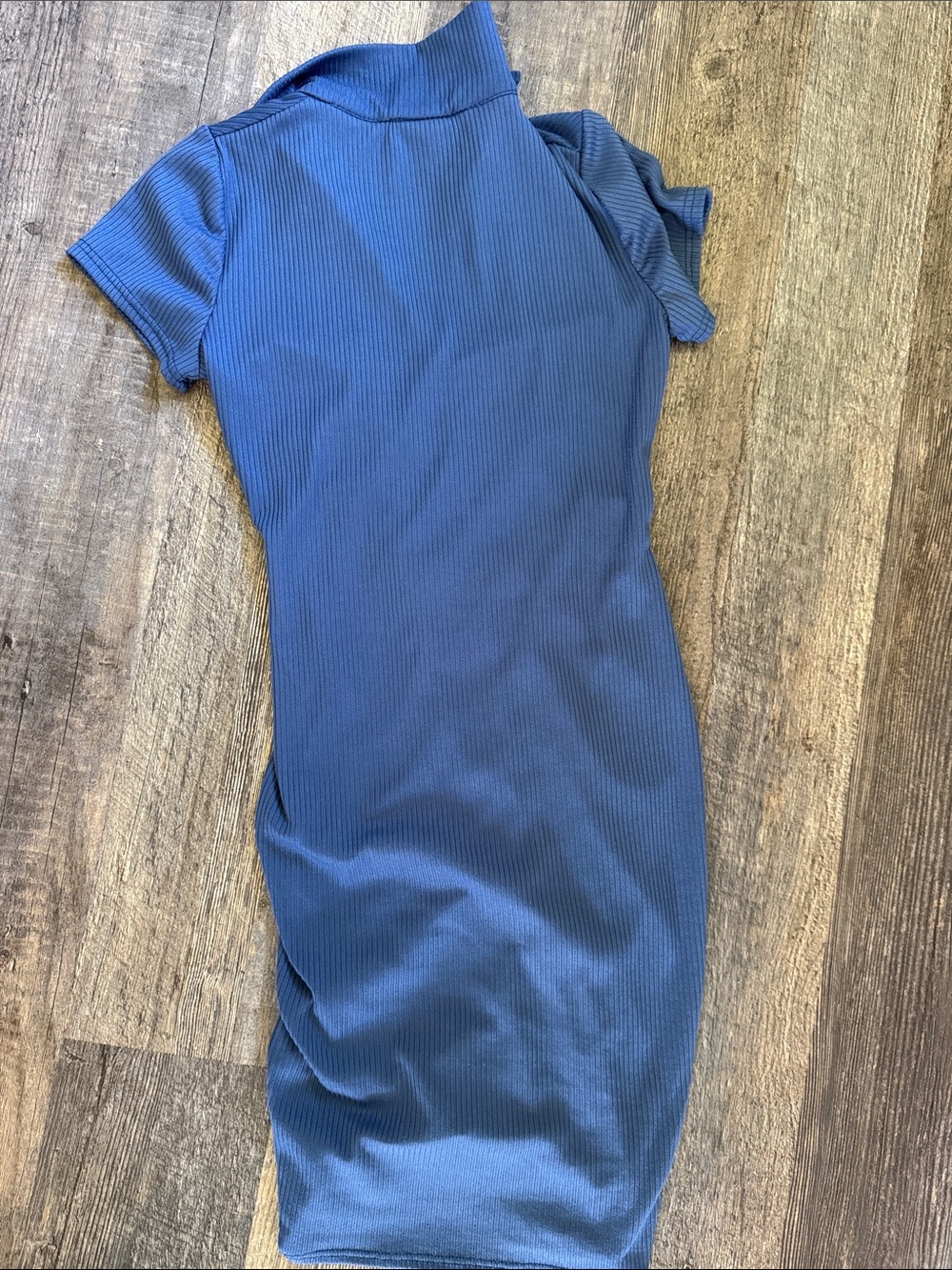 Ruched Collared Ribbed Dress- Blue - Picture 4 of 5
